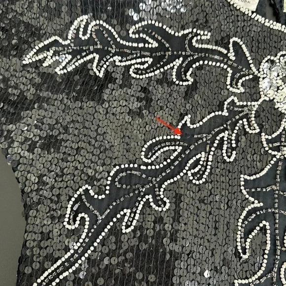 Vintage Sarin Sequin Top Womens S / M Beaded Black Silver Floral Silk 80s Blouse - Picture 8 of 15